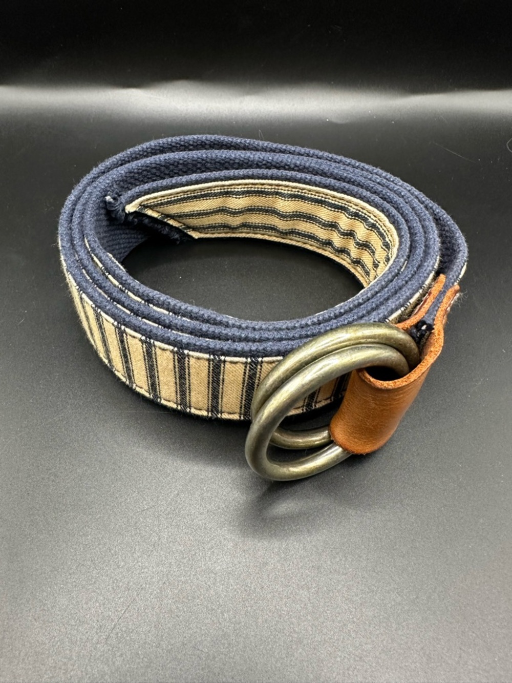RRL Ralph Lauren Navy and Cream Canvas Distressed Belt One Size